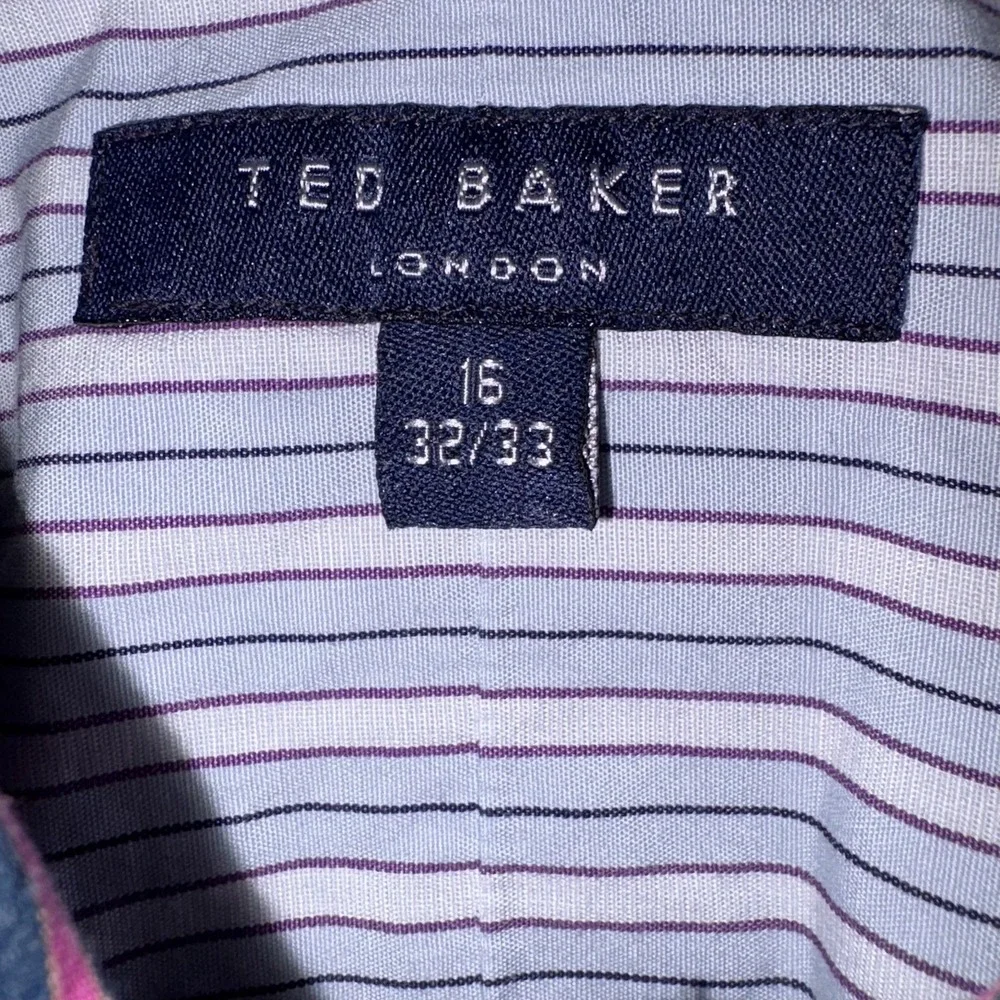 Men's Ted Baker Button Down Shirt Navy Blue‎ & Fuchsia Pinstripe Long Sleeve